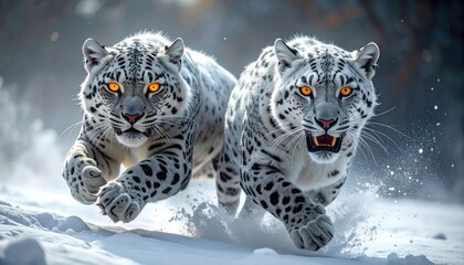 Two snow leopards with striking orange eyes charge through snowy terrain