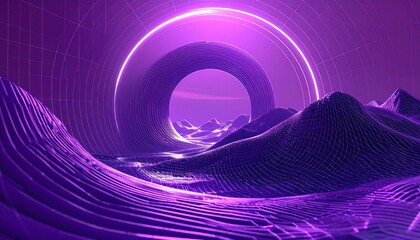 Abstract violet landscape with an illuminated circular portal
