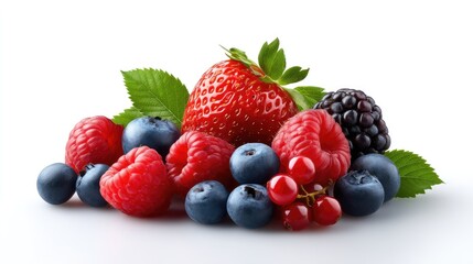 Obraz premium Fresh and Juicy Assortment of Berries Including Strawberries, Raspberries, Blueberries, Blackberries, and Currants with Green Leaves on White Background