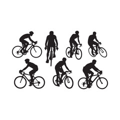 Obraz premium Silhouettes of cyclists on bicycles in various riding positions