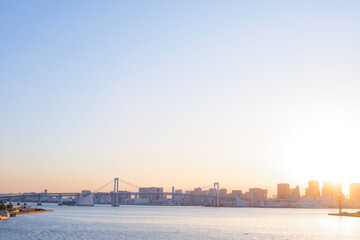 Wide-Angle View of a Massive Coastal Bridge in Tokyo Bay at Sunset with Ample Copy Space © minortica7