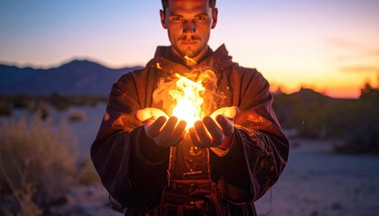 Man in robe holds fire, sunset desert backdrop