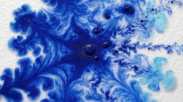 Deep Blue Lapis Lazuli Ink Bleeds Across a Pure White Expanse, Creating Organic Abstract Patterns