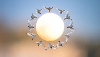 Circle of white birds fly around the sun against a soft, sunny sky