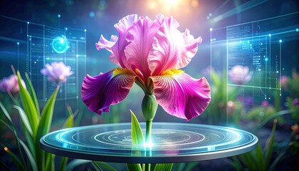 Vivid iris blooms atop a futuristic platform with digital overlays