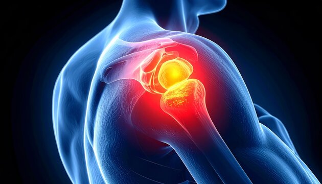 Human Shoulder Joint Pain and Inflammation, Medical Illustration.