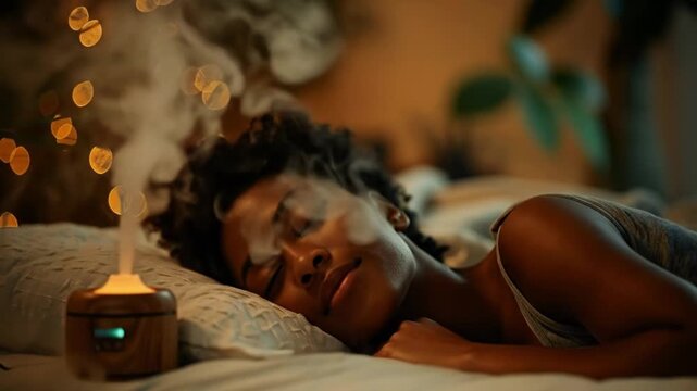 African american woman resting peacefully in bed near aroma diffuser in a dimly lit bedroom