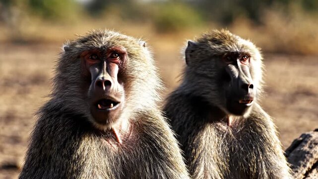 Two baboons with open mouths in a dry, sunny landscape, looking alert and vocalizing.