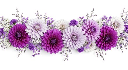 Lush purple and lavender dahlia blossoms mixed with white flowers creating a sophisticated botanical border on white space.
