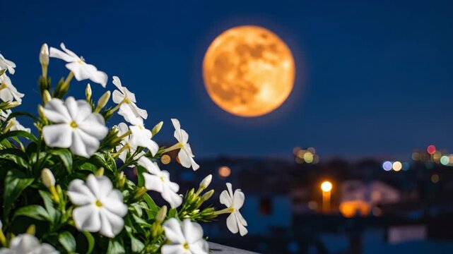 White Flowers Bloom Under a Radiant Orange Full Moon at Night.