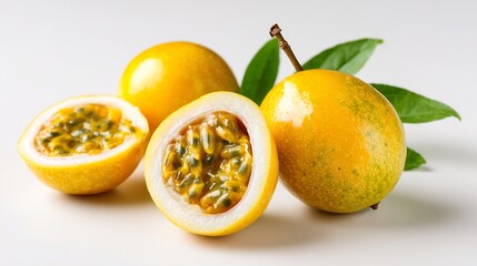 Golden Passion Fruit Display, Tropical Yellow Fruit, Vibrant Cutaway, Freshness, Exotic Flavor