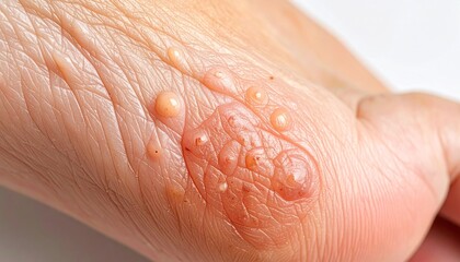 Fototapeta premium Close-up of a severe skin rash with multiple blisters on a persons foot, indicating a medical condition or allergic reaction.