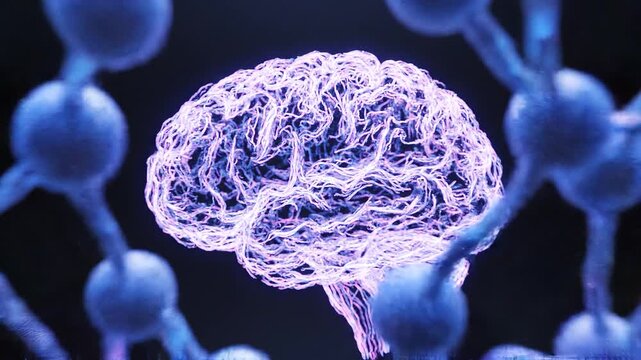 A 3D rendered medical illustration featuring a blue virus, DNA, and bacteria swirling within a human head scan to represent anatomy, neurons, and the abstract intelligence of the mind