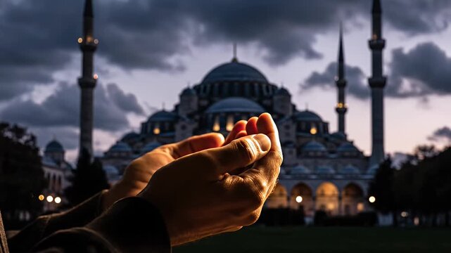 Hands praying before mosque at dusk with cloudy sky