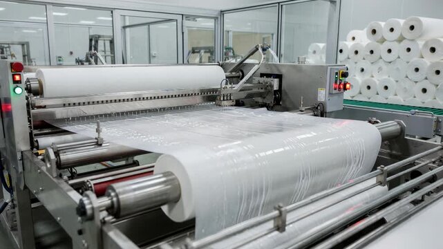 Medium shot of automated machinery cutting and wetting nonwoven fabric rolls for soft pack wet wipes production in a sterile factory setting.