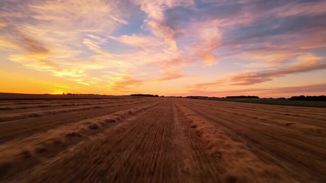 Golden hour sunset over harvested wheat field, wide rural landscape with furrow lines leading to horizon, calm autumn mood for farming and nature themes