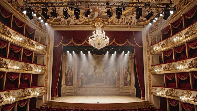 The interior of a classic theater with a stage, ornate balconies, and a chandelier, showcasing a traditional proscenium arch and red velvet curtains in a cinematic setting.