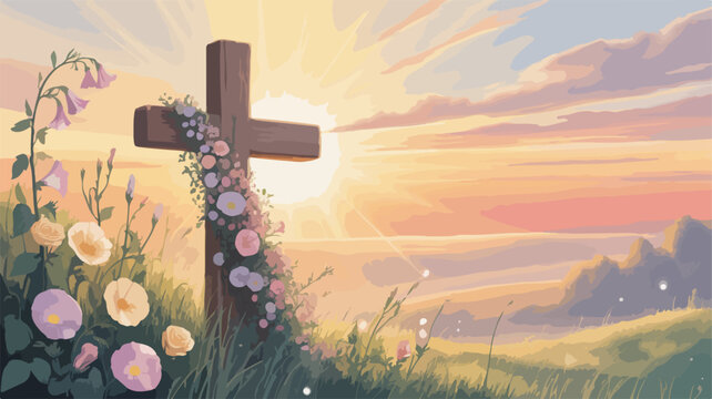Cross adorned with flowers at sunset in serene landscape with rolling hills and vibrant sky