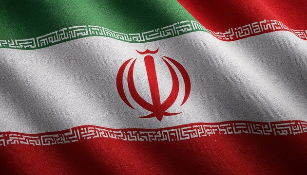 The flag of Iran waving with its distinctive green, white, and red colors and emblem.