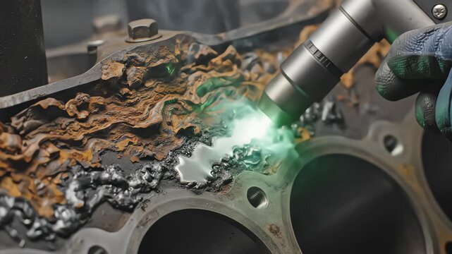 Industrial laser cleaning tool removing heavy rust from metal engine block with green beam