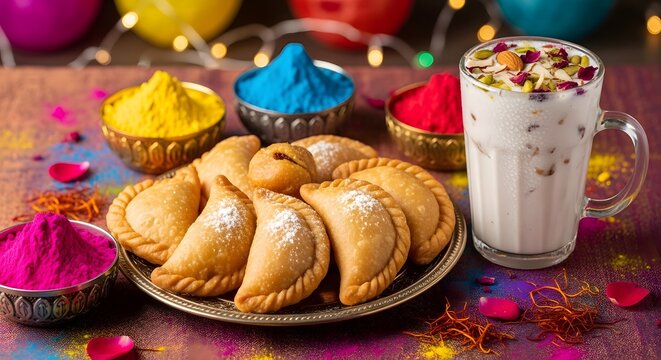 Traditional Indian Holi Festival Sweets Gujiya and Colorful Powders.