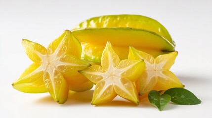 Fototapeta premium Sliced Starfruit Display with Whole Fruit on White Background, Tropical Produce