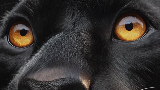 Close-up of a panther's face with intense eyes. Vivid orange irises contrast black fur