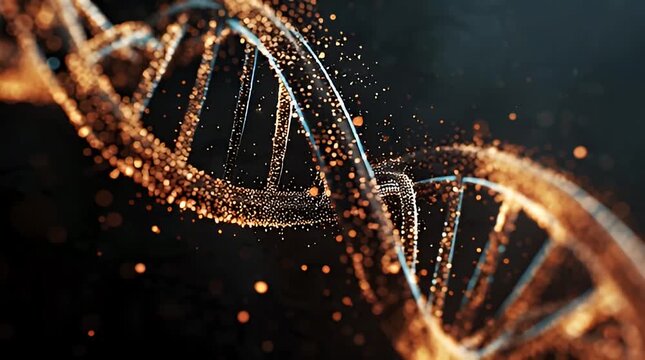 Golden DNA helix glowing brightly on dark background with particles