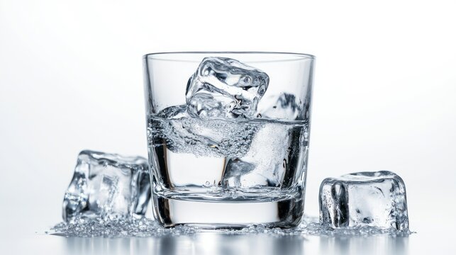 Glass of water with ice cubes.