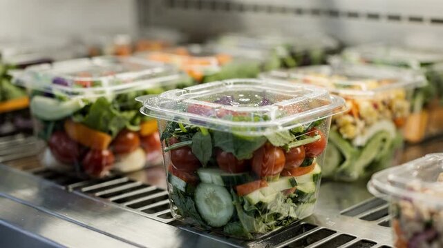 Medium shot of a grabandgo island emphasizing a selection of prepackaged salads in clear containers with one container crisply focused against a blurred backdrop.