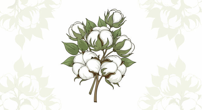 Hand drawn illustration of cotton plant bolls and green leaves.