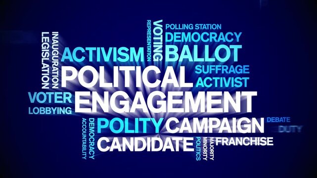 Political Engagement animated word cloud-text design animation tag kinetic typography seamless loop.