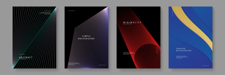 Collection of four abstract posters featuring colorful geometric line patterns and modern typography on dark backgrounds © Badr Warrior