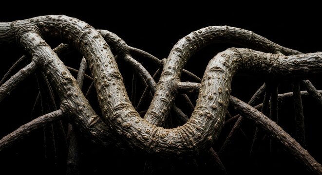 Intertwined, textured woody vines create a complex natural structure against a dark background.