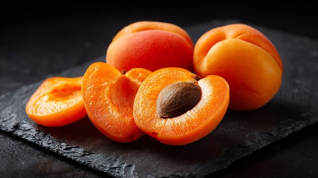 Vibrant Apricots: Fresh Whole and Sliced Fruit on Dark Slate Background