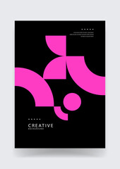 Fototapeta premium Creative abstract poster featuring large magenta pink geometric curves and circles arranged on a solid black background for high contrast