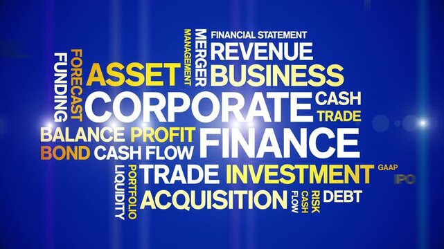 Corporate Finance animated word cloud-text design animation tag kinetic typography seamless loop.