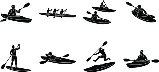 Kayaking and canoeing silhouette set featuring paddlers, rowing teams, and stand up paddle boarding, black and white vector collection for water sports and outdoor design © It's Raju