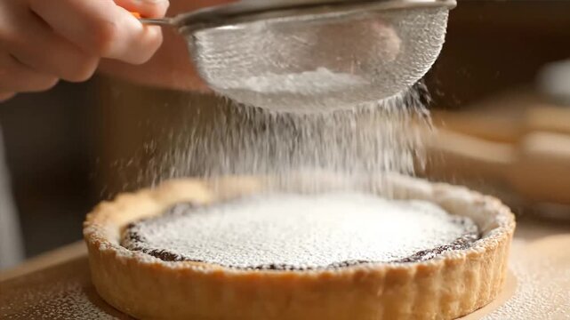 Close-up of a person's hands delicately sifting a fine layer of powdered sugar over a delicious, freshly baked homemade tart, adding the perfect sweet finishing touch to a gourmet dessert preparation