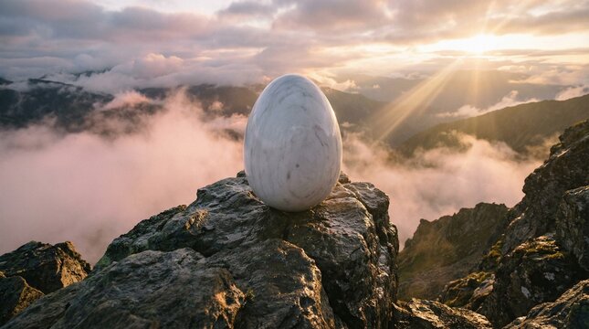 Mysterious marble egg resting on a rugged mountain peak above ethereal clouds at sunrise for new beginnings concept and spiritual awakening