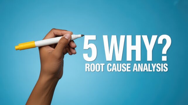 Hand holding marker with 5 why root cause analysis text