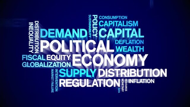 Political Economy animated word cloud-text design animation tag kinetic typography seamless loop.