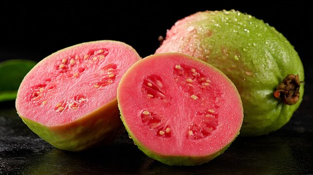 Sliced Pink Guava: Vibrant Exotic Fruit with Seeds on Dark Surface