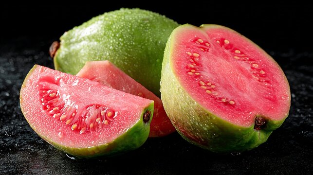 Fresh Pink Guava, Cut in Half and Sliced, with Dew Drops on Black Surface