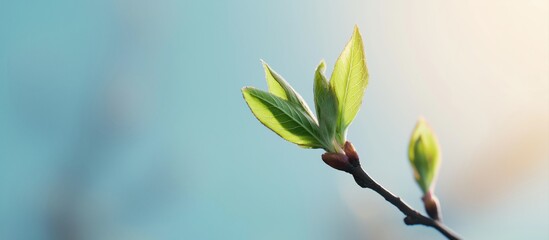 Obraz premium Fresh green leaves are emerging on a tree branch, bathed in soft morning light against a blurred blue background, symbolizing growth, renewal, and new life in springtime