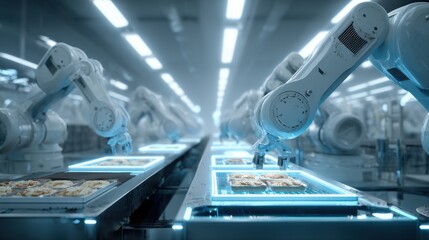 Fototapeta premium food city industry plant with robotic arms on blurred background