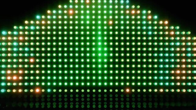 Glowing green lights form an inverted triangle shape against a black background, with a horizontal layer