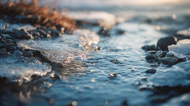 Close up of clear mountain spring water flowing over ice