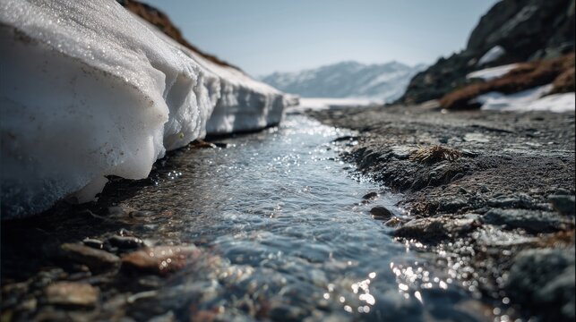 Fast flowing mountain river in snowy winter landscape