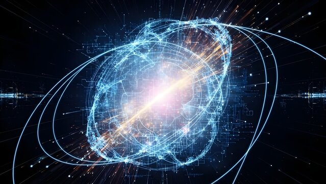 Cosmic digital nebula with streaming light trails and data flux, an abstract cosmic-tech scene, 12K high-resolution visual representation